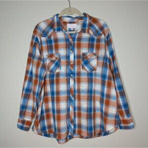 Panhandle Womens Vintage 90s Plaid Pearl Snap Western Tribal Embroidered Top 3X